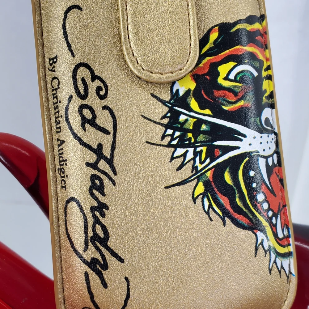 ED HARDY GOLD UNIVERSAL CELL PHONE CASE WITH LEATHER PULL & SNAP CLOSURE. $48.00